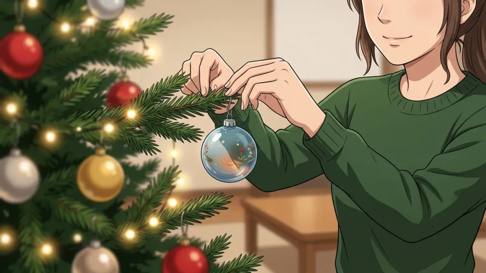 クリスマスツリーに飾りをつける女性