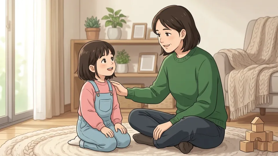 世話係に微笑みかける幼い孤児の様子