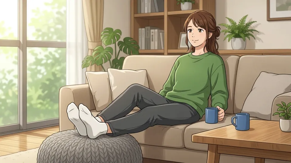 ソファに座りオットマンに足を乗せている女性