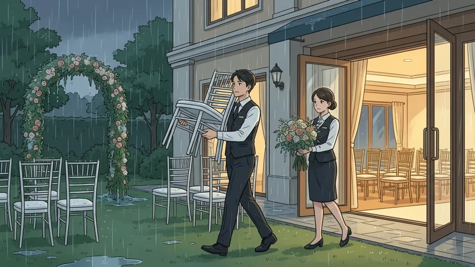 雨のためホテルスタッフが屋外の結婚式を屋内へ移している様子