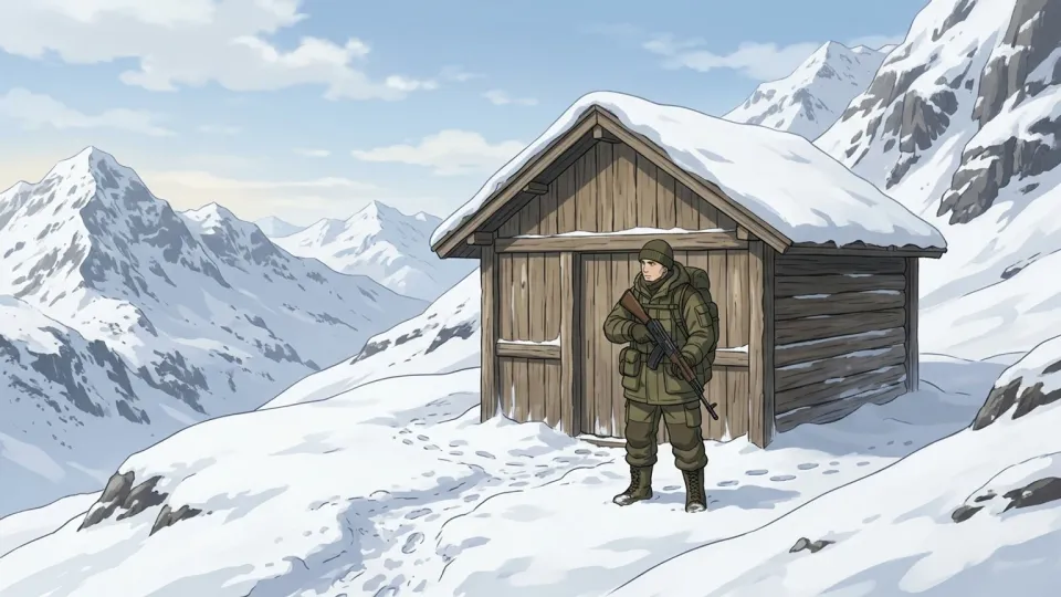 雪山の中にある小さな前哨基地と警備する兵士