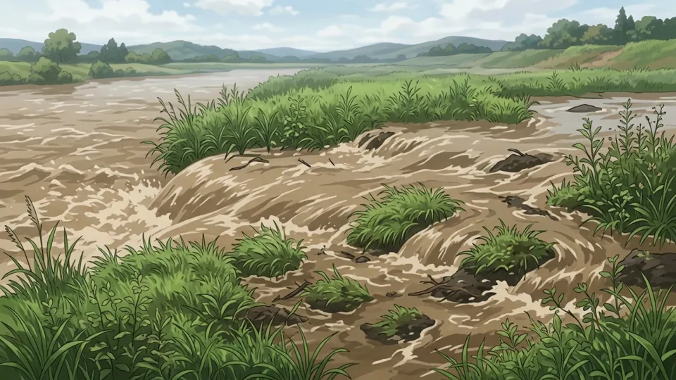 川の水が岸を越えてあふれ出ている様子