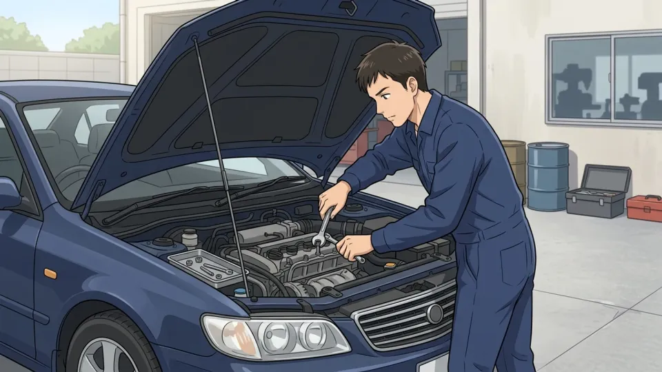 整備士が車のエンジンを修理している様子