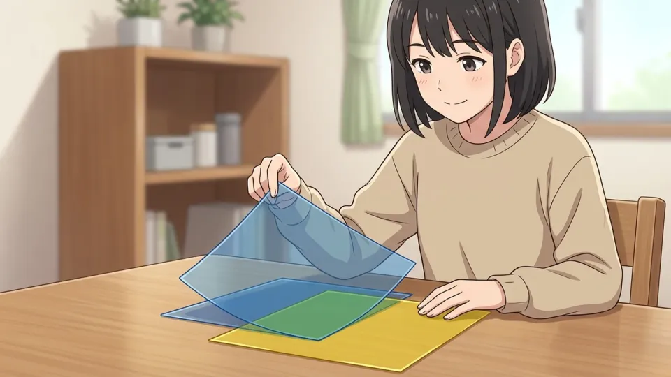 机の上で部分的に重なり合う2枚のカラーシート