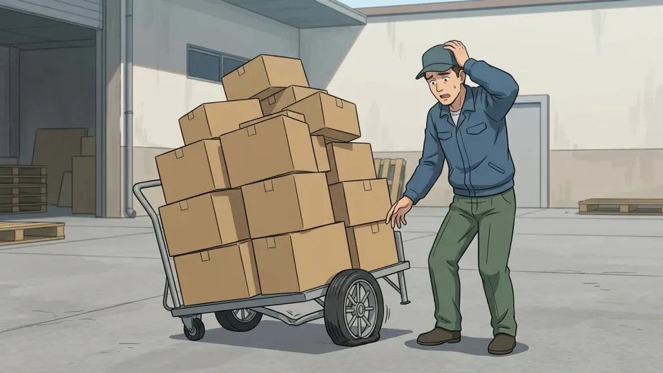 荷車に箱を積みすぎて傾いている様子