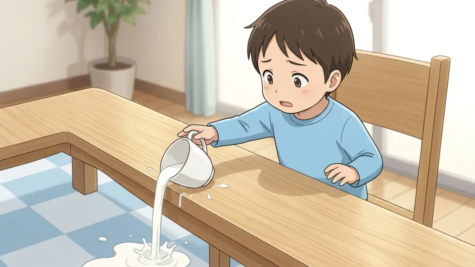 子どもがテーブルの上で牛乳のコップをひっくり返している場面
