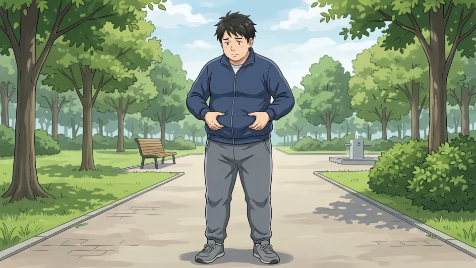 少しふくよかな体型の男性が屋外で運動着を着ている姿