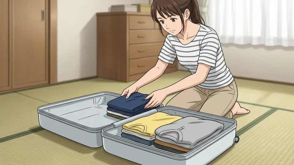出張の準備でスーツケースに荷物を詰める女性。