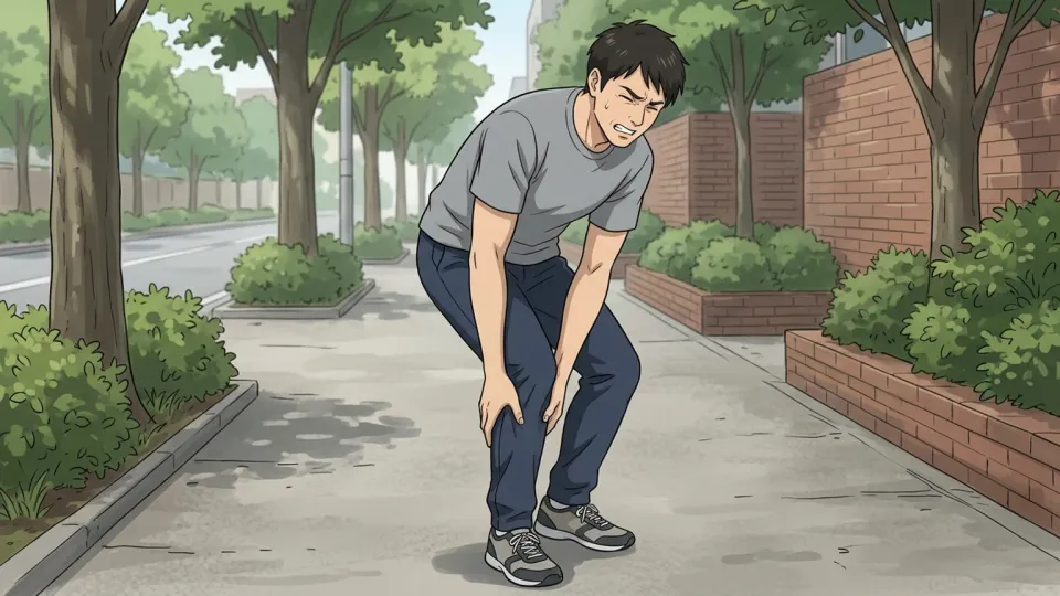 足に鋭い痛みを感じて顔をしかめる男性