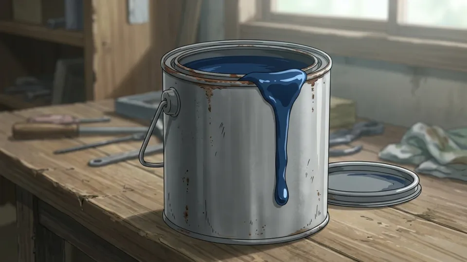 青いペンキの缶を手に持つ男性
