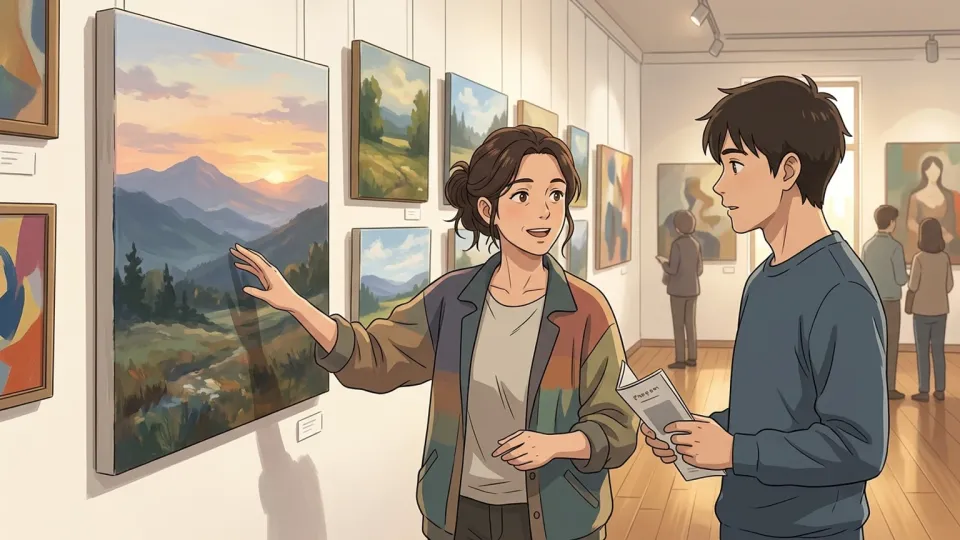 画廊で最新の風景画について説明する画家