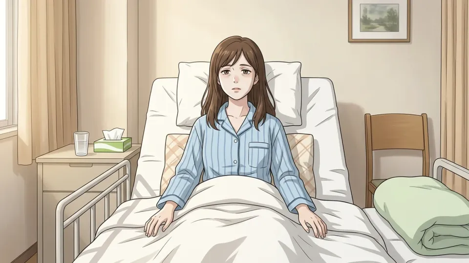 手術後にベッドで休む青白い顔色の患者。
