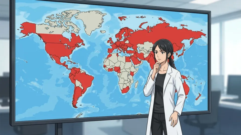 世界地図の複数地域における感染の広がりを示すイラスト
