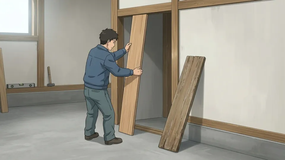 ドアの木製パネルを交換する作業員。
