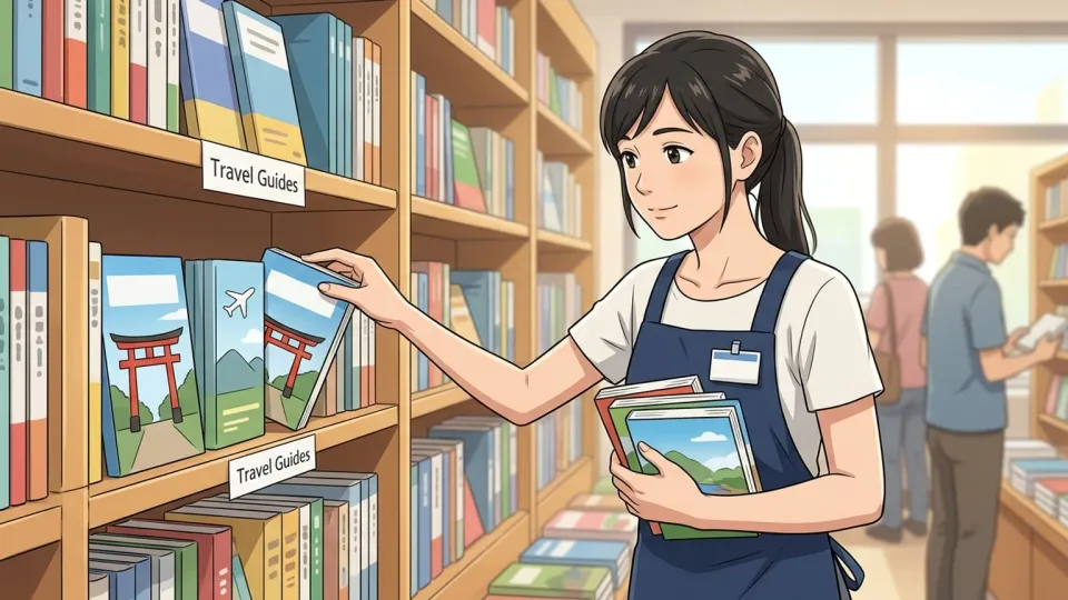 ペーパーバック版で発売された旅行ガイドを書店に並べる店員