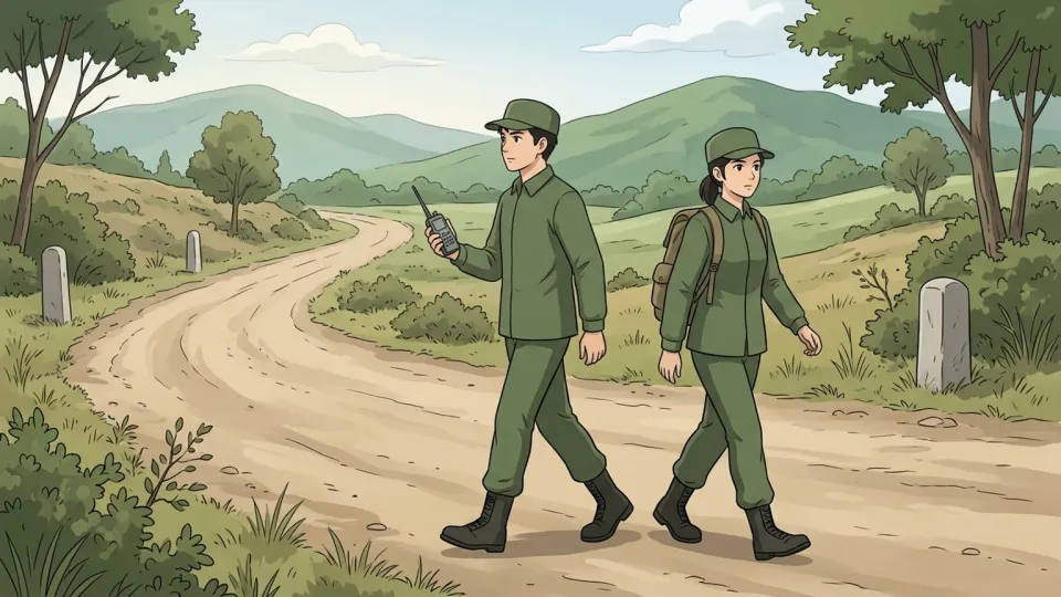 統制された服装で国境沿いをパトロールする準軍事部隊の隊員たち。