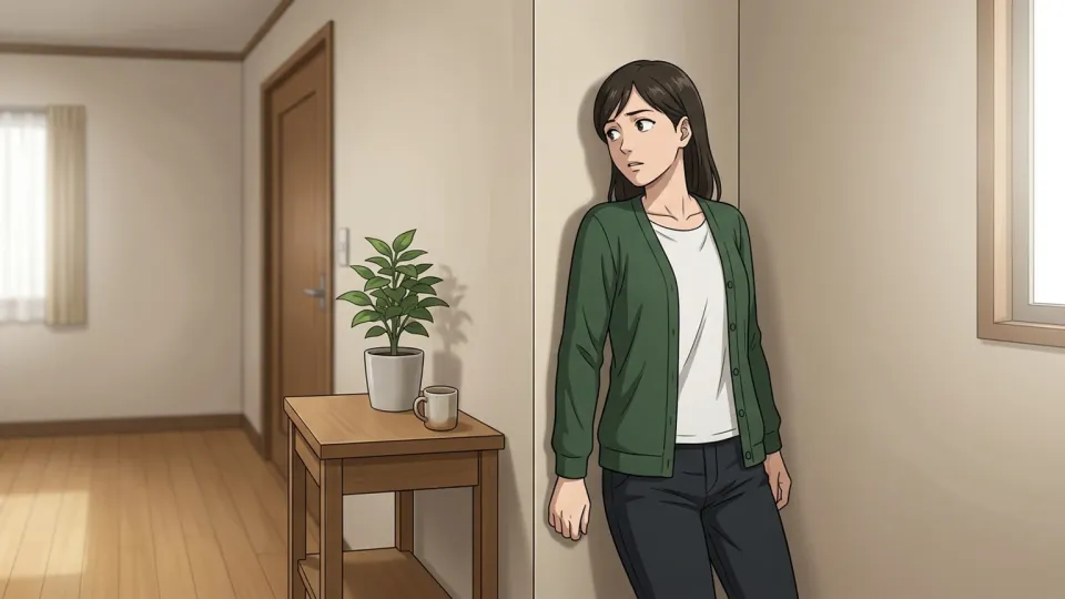 周囲を過剰に警戒する女性のイラスト