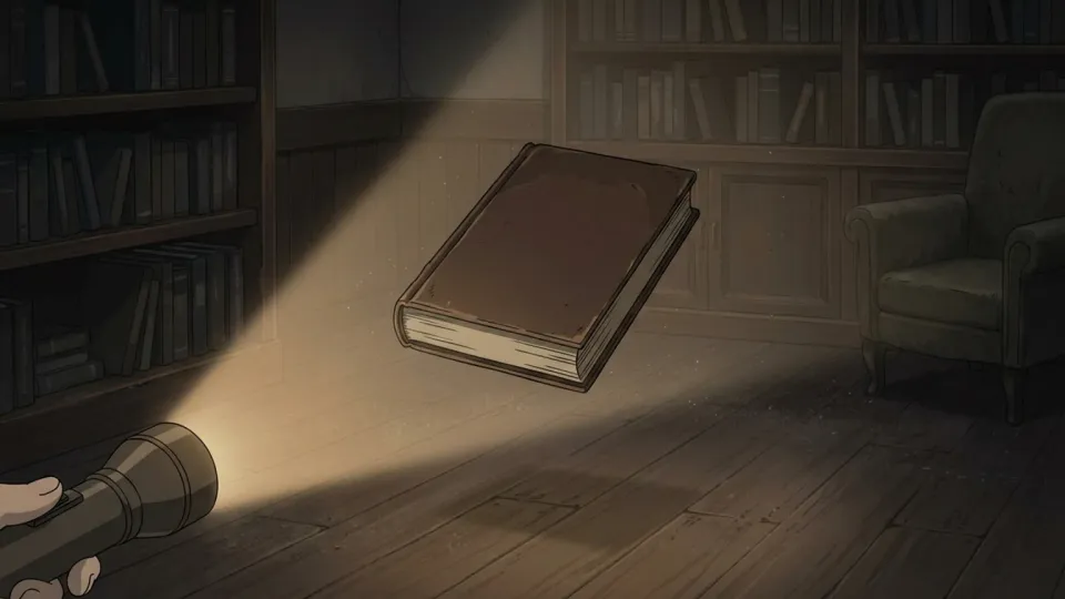 暗い部屋で宙に浮く本を照らす懐中電灯の光