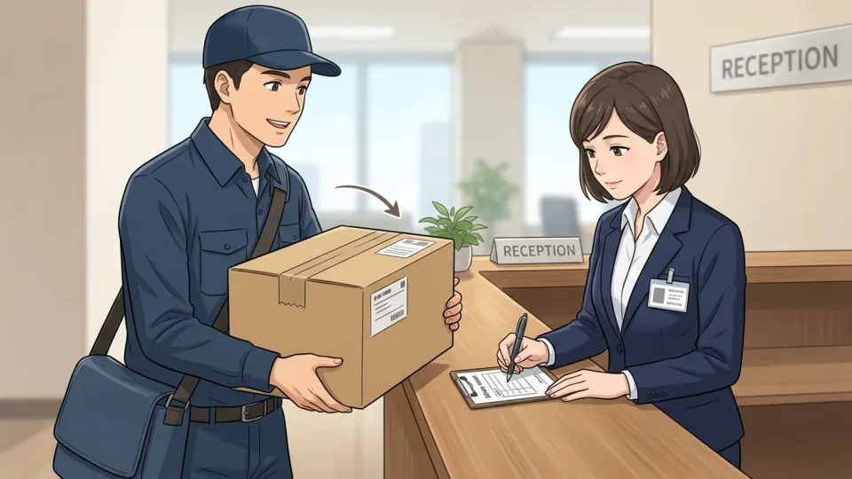 会社の受付で小包を渡して署名を受け取る配達員
