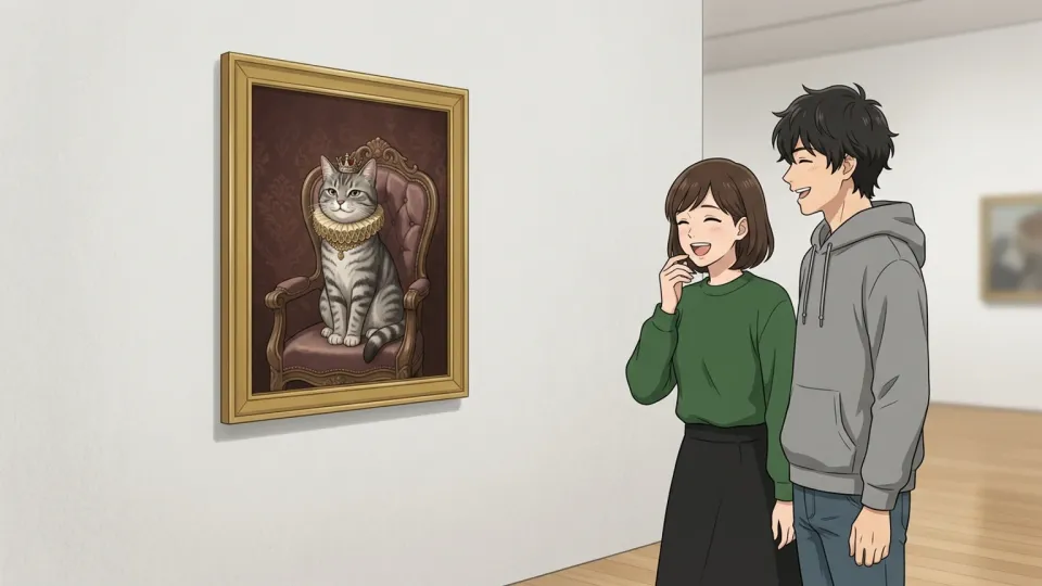 有名絵画のパロディ画と、それを見て笑う人々