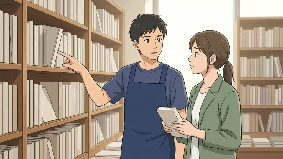 本屋で店員が客に読みたい本について尋ねている