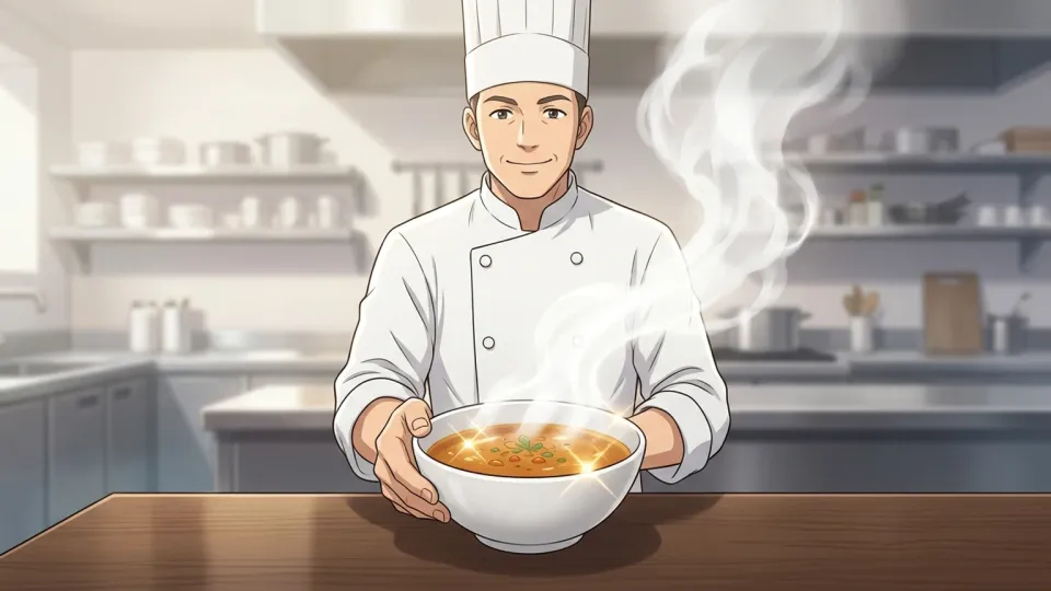 美味しい料理を自信を持って差し出すシェフのイラスト