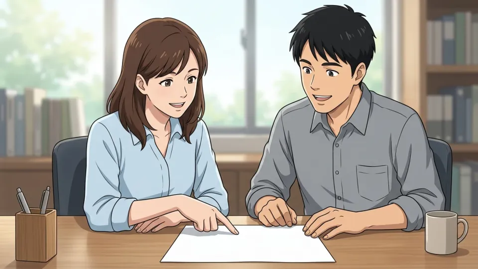 机の上の書類を指さしながら協力する二人のパートナーの様子