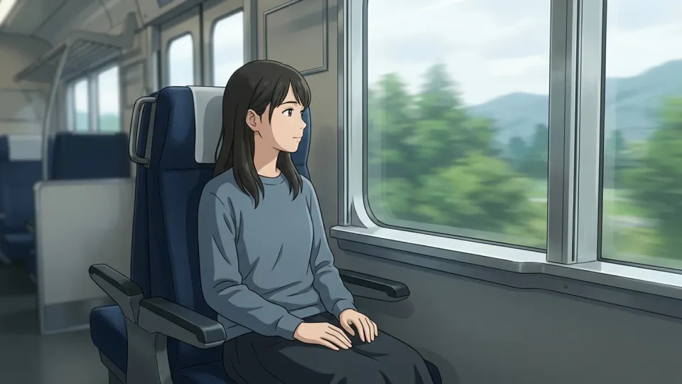 列車に乗っている乗客が窓の外を見ている様子。