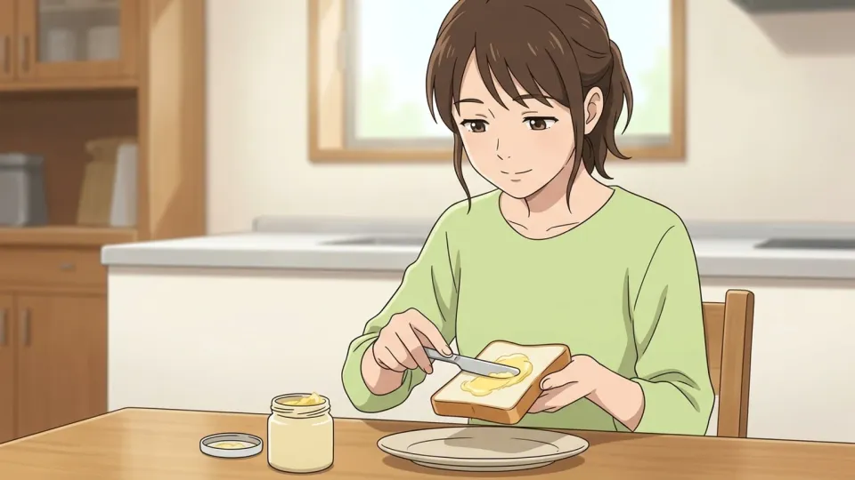 女性がパンにペーストを塗っている様子