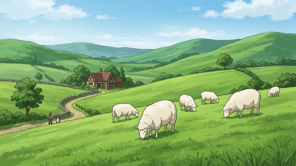 緑の丘で羊が草を食む牧歌的な風景
