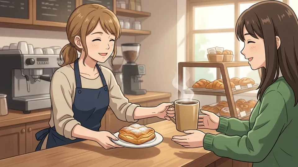 コーヒーに無料のペイストリーを添えるカフェ店員