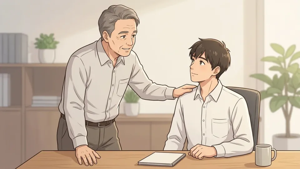 年配の男性が若い社員に温かく助言をしているイラスト