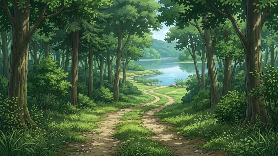 森の中を湖へ向かって続く細い道