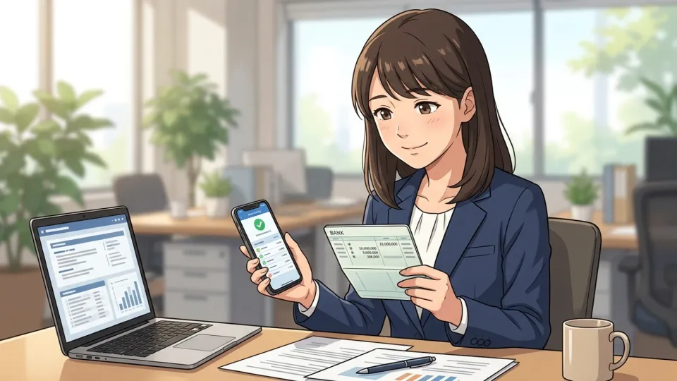 新入社員が銀行口座への初回給与の入金を確認している様子