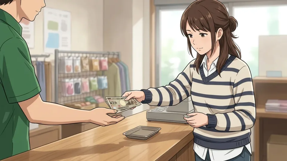 女性が新しいソファーの代金を支払っている様子