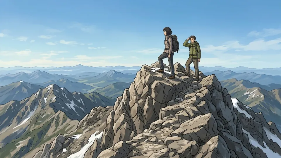 山の頂上に到着した登山者たち