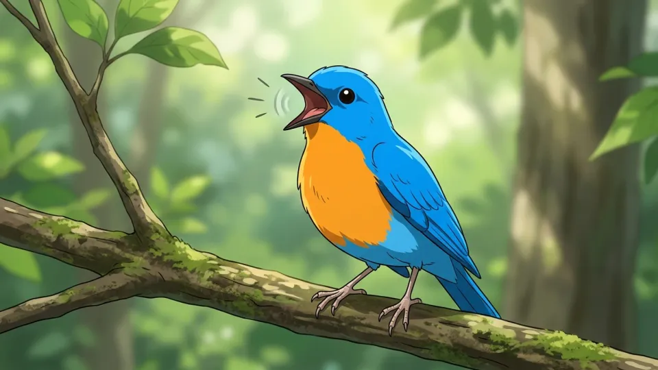 木の枝にとまり、くちばしを開いて特徴的な鳴き声をあげている一羽の青い鳥。