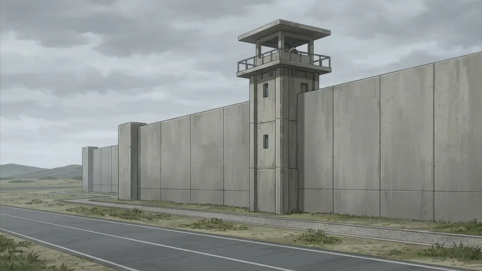 灰色の空の下にそびえ立つ刑務所の高い壁と見張り塔