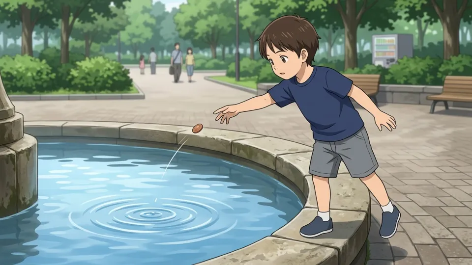 噴水に1ペニー硬貨を投げ入れる子供