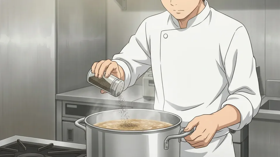スープにこしょうを振りかけるシェフ。