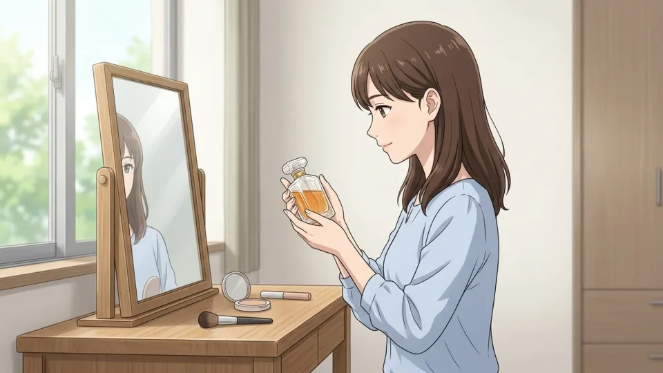 香水の瓶を手にする女性のイラスト