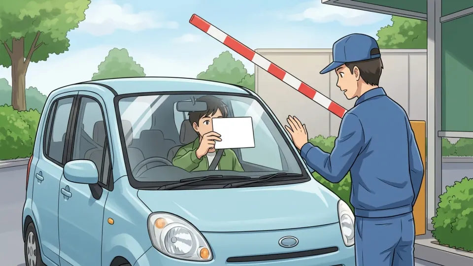 車に提示された駐車許可証を示す様子