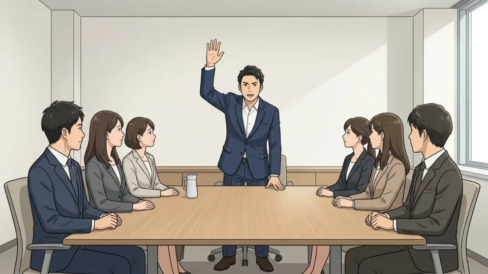 会議で自分の意見を述べる人物