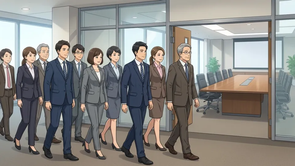 会議室に向かう数名の職員たち