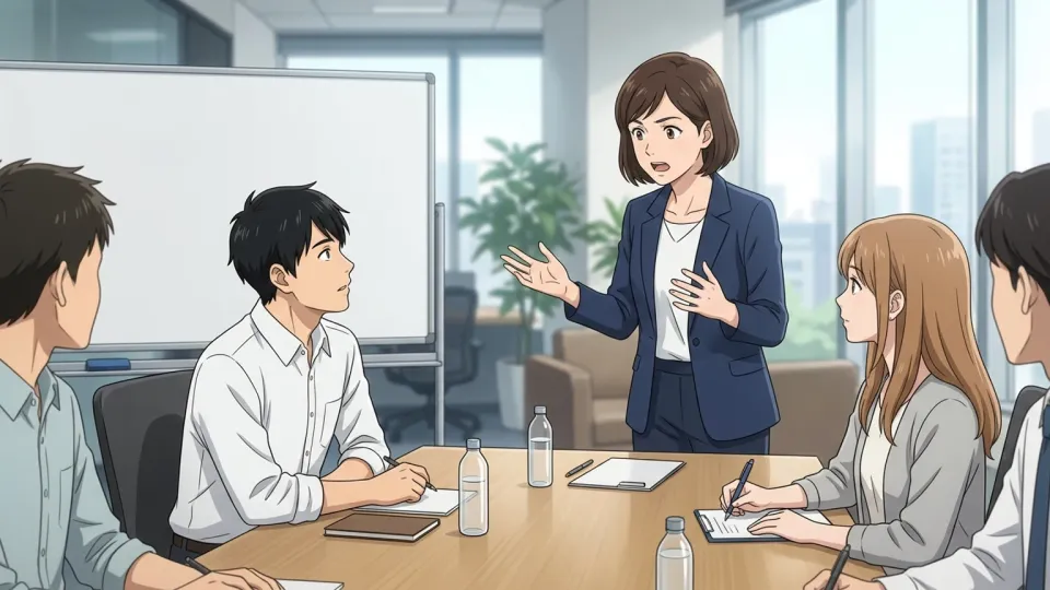 会議で独自の観点を説明する女性