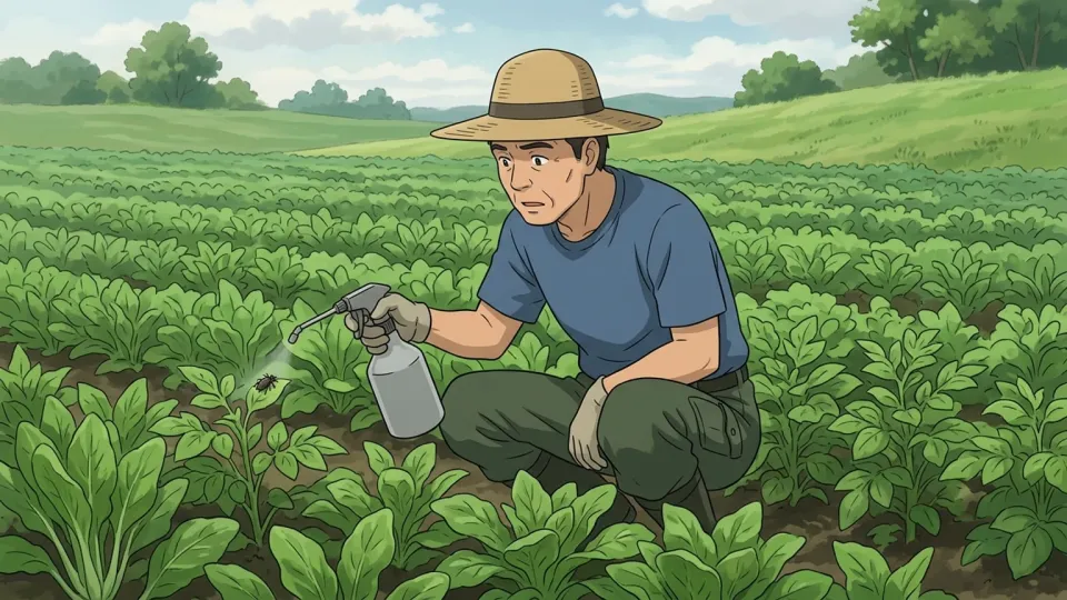 畑の害虫を駆除する農家