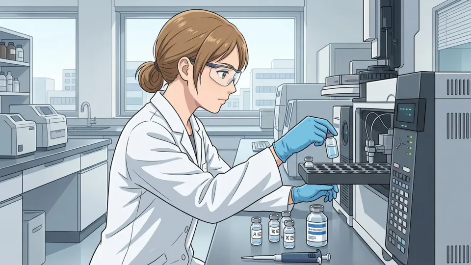 製薬会社の新しい研究所で薬品の品質を検査する技術者