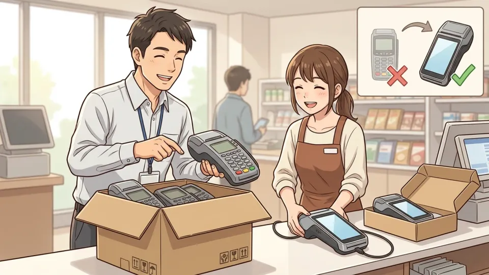 店舗で旧決済システムを段階的に新しいものへ置き換える場面