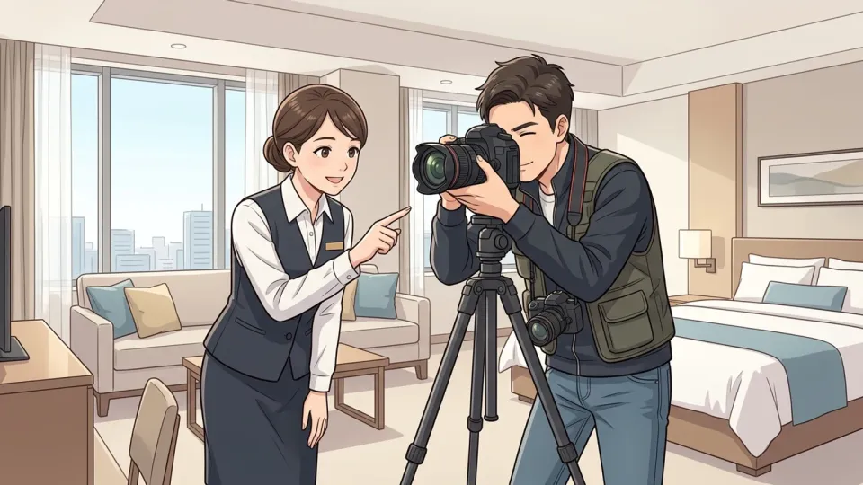 改装したホテル客室を撮影するプロの写真家
