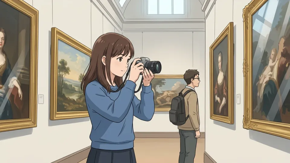 美術館の展示室で、来館者がフラッシュを使わずに展示作品を撮影している様子